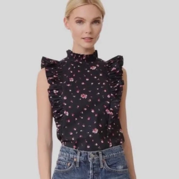 Rebecca Taylor Navy floral flutter sleeve blouse. 6 - Picture 2 of 5